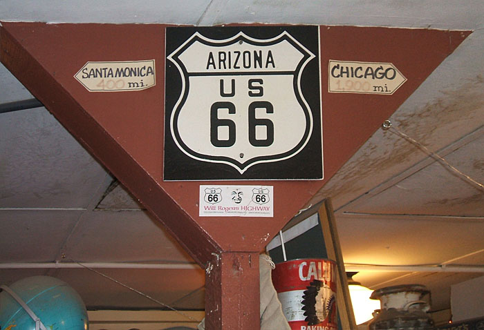 Replica of 1940s or 1950s highway marker, somewhere in Arizona along old Route 66.
