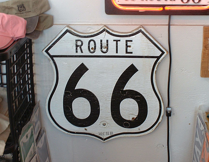 County-issued highway marker, now found in a gift shop in Winslow.  It is the only known genuine highway marker that has the word ROUTE.  Likely it was from the time between the route's decommissioning in Arizona and its formal recognition as a historic route.