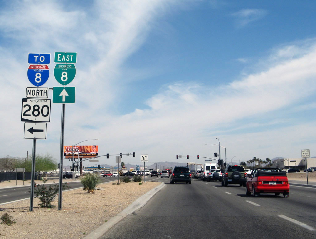 Eastbound Business Loop I-8 approaching northbound Arizona 280 in Yuma.