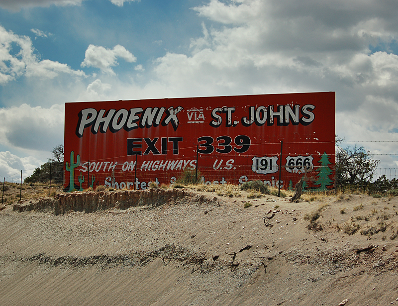 Billboard located next to interstate 40, put up by the town of St. John's. This is the last known US-666 sign in Arizona.