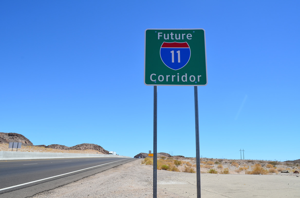 Future Interstate 11 Corridor sign along U.S. 93 south near Kingman Wash Access Road (Exit 2).