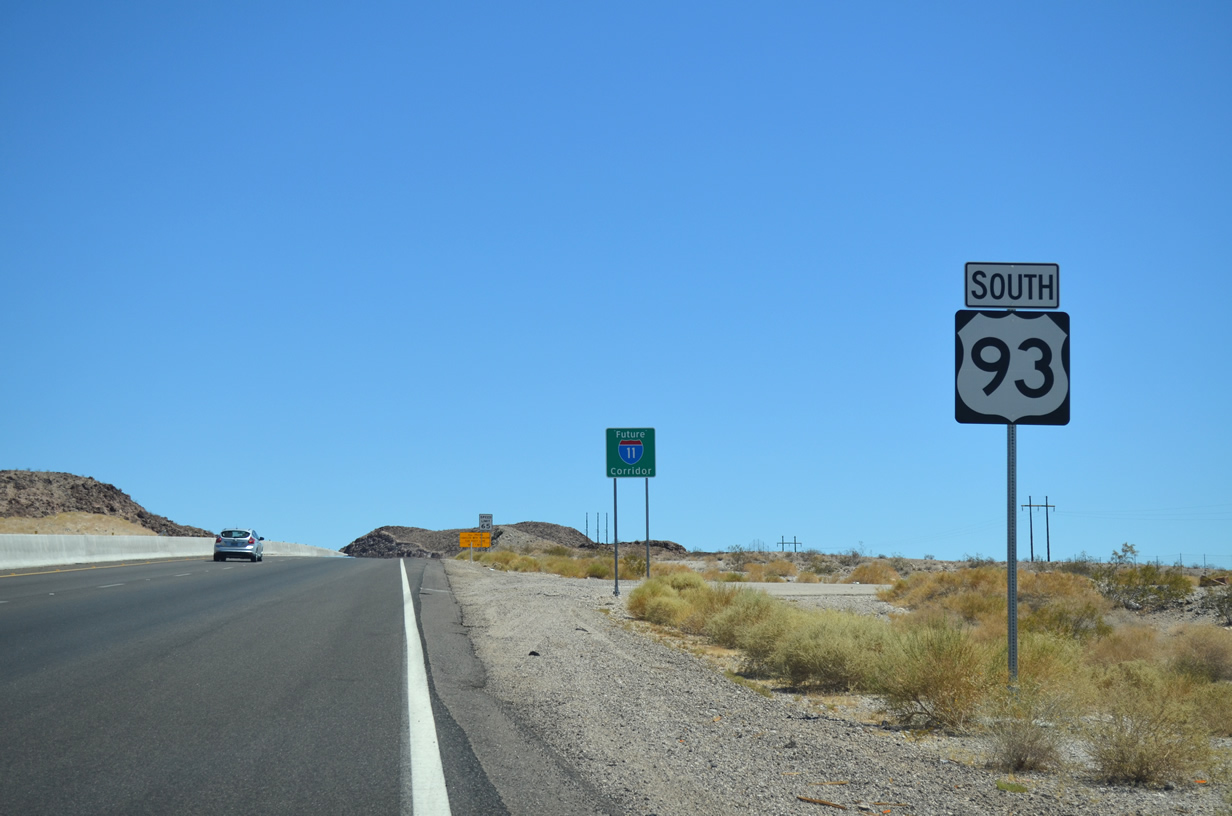Future Interstate 11 Corridor sign along U.S. 93 south near Kingman Wash Access Road (Exit 2).