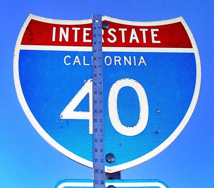 Replacement for an old 21x18 I-40 reassurance marker on old US-66 in San Bernardino County. The sign dates to 2001, and replaced one from the early 1960s.