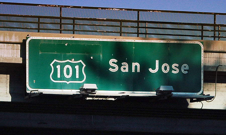 Last known porcelain outline US shield (1958-1962 style) in California. US-101 southbound in Mountain View. The word BY-PASS is greened out, as the business loop (El Camino Real) was renumbered to state highway 82 in 1964, and now this is mainline 101.