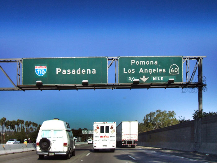 1960s guide signs. 710 patch covers up CA-7 shield. The freeway was never completed to Pasadena.
