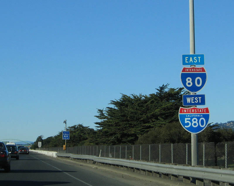 Westbound Interstate 80 and eastbound Interstate 580 reassurance shields south of California 13.