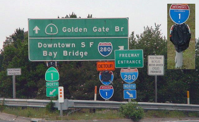 Error shields at construction detour near Interstate 280/California 1 merge in San Francisco.