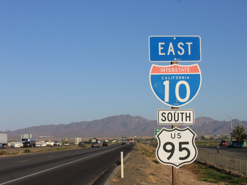Eastbound Interstate 10 and southbound U.S. 95 reassurance shield assembly in Blythe prior to Riviera Drive exit. 11/10/06.