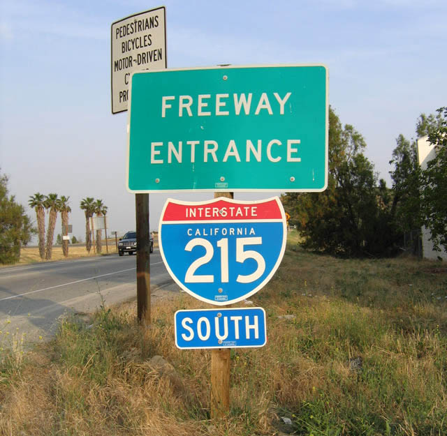 Freeway entrance shield assembly from Palm Avenue/Kendall Drive interchange to southbound Interstate 215.