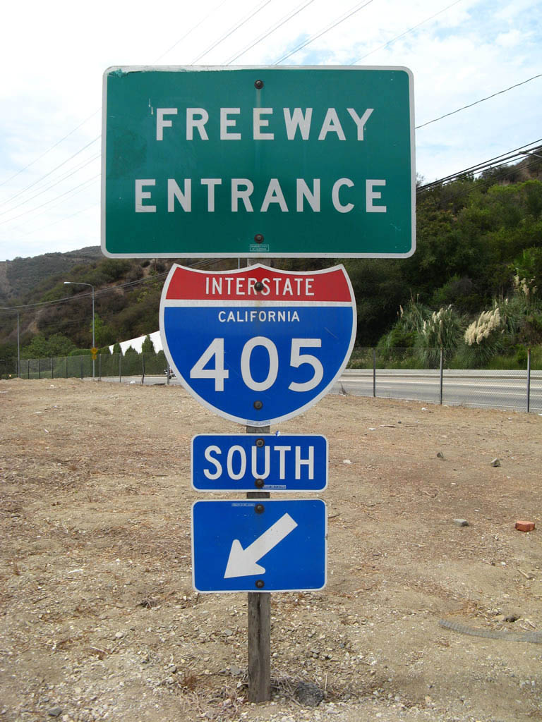 Freeway entrance shield assembly from Skirball Center Drive to Interstate 405 south in Los Angeles.