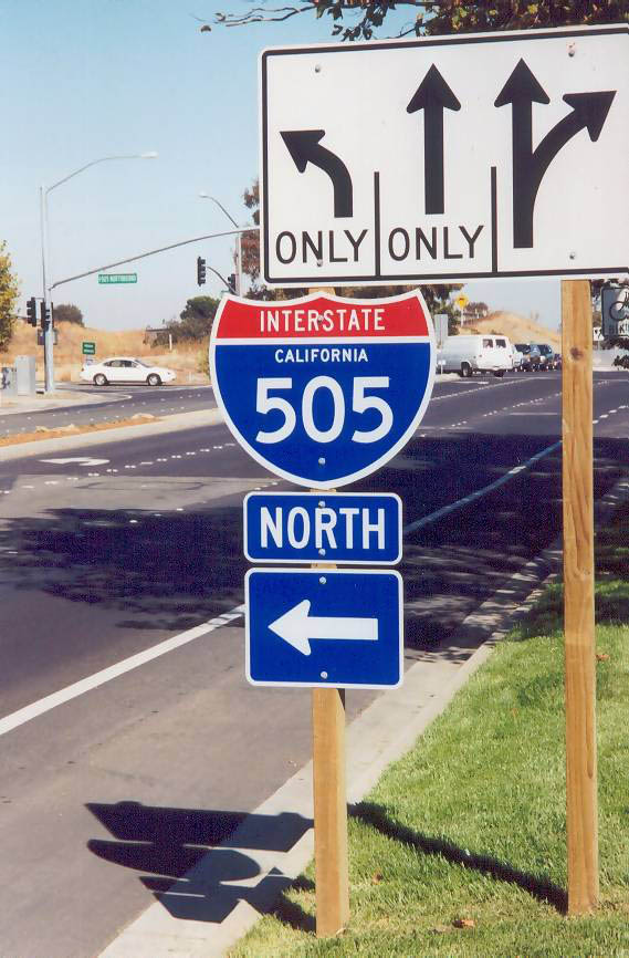 Trailblazer shield south of Interstate 80/505 interchange near outlet shops in Vacaville.