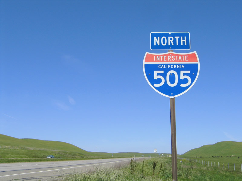 Northbound Interstate 505 reassurance shield posted after Exit 28.