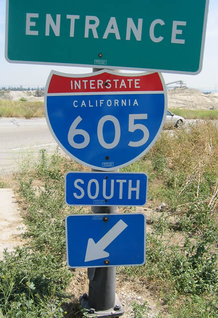 Freeway entrance shield assembly from eastbound Live Oak Avenue to southbound Interstate 605.