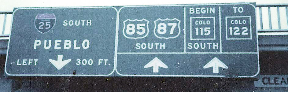 Northbound Business Loop I-25/Colorado 115/U.S. 85-87 approaching Interstate 25 south of Colorado Springs.  Note the scraping off of the state highway 122 reference sometime between the first and the second   First photo by Michael Summa, 1983.  Second photo by Jeff Royston, 1999.