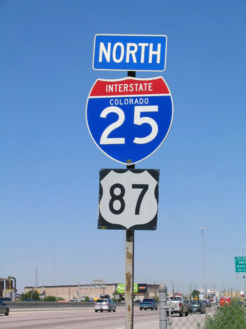 Northbound Interstate 25 and U.S. 87 after Interstate 70/Mousetrap Interchange and prior to Interstate 76.