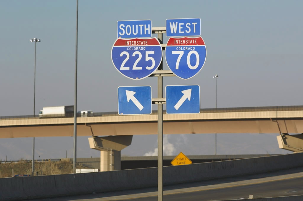 On collector-distributor lane from westbound Interstate 70 to southbound Interstate 225.