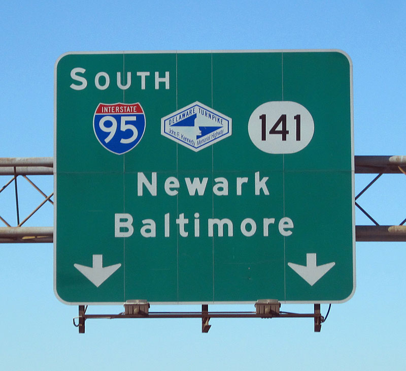 The last surviving Delaware Turnpike markers are on these two green guide signs. The trailblazers appeared in 1995.