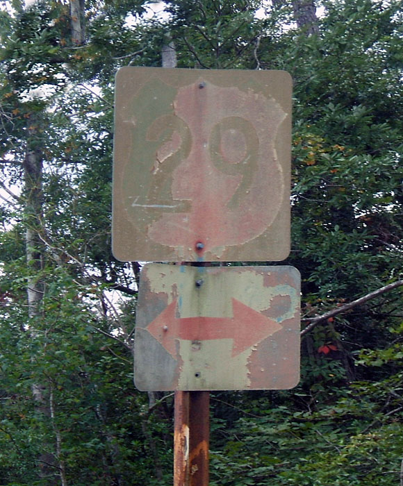 One of two remaining red US-29 shields. The other one is, amazingly enough, in even worse shape.