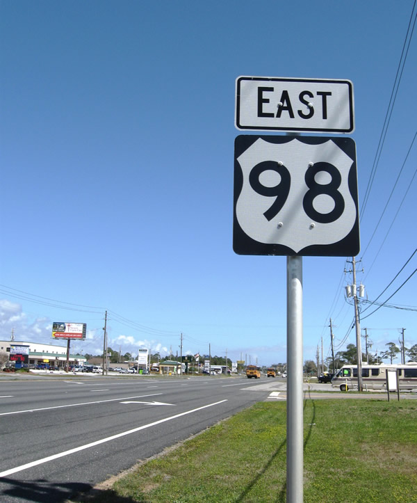 Eastbound U.S. 98 reassurance marker posted after the intersection with Florida 87 in Navarre.