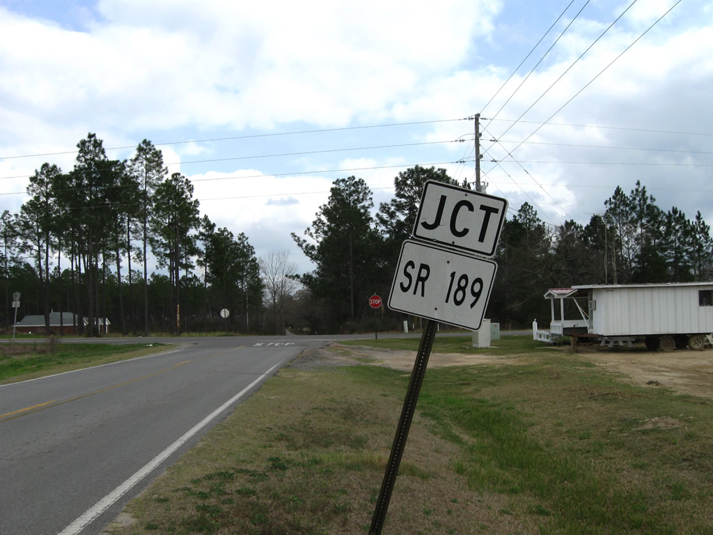 Okaloosa County 4A approaching Florida 189 with a unique style shield in all text.