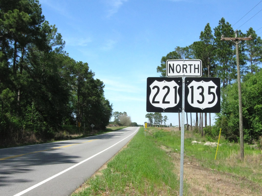 An erroneous U.S. Highway 135 shield marker (instead of Georgia 135) found along U.S. Highway 221 in southern Jeff Davis County.