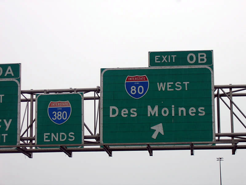 End southbound Interstate 380 shield on overhead signage at the Interstate 80 junction.