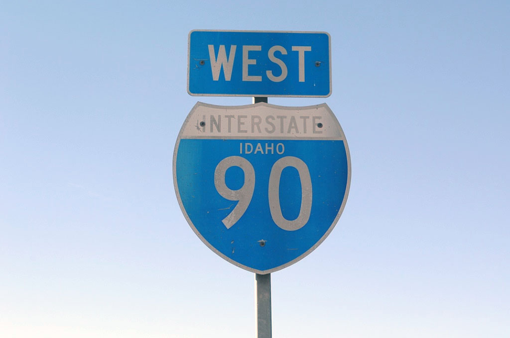 Last westbound Interstate 90 reassurance shield before leaving Idaho and entering Washington near Post Falls.  First
