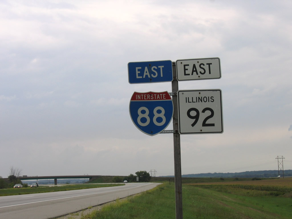 Interstate 88 & Illinois 92 eastbound reassurance markers posted after their departure from the cloverleaf interchange with Interstate 80 near East Moline.