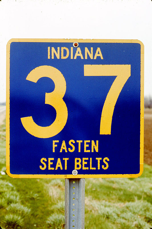 Fort Wayne. The blue and yellow shields were used sporadically, mostly near the state line - and this "fasten seat belts" edition is an early 1970s idea.