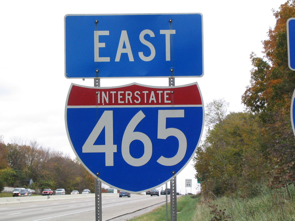 Eastbound reassurance shield assembly with Interstate 74 after Exit 53 (Interstate 65).