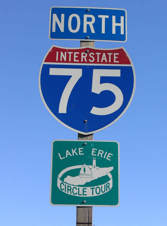 First reassurance shield on northbound Interstate 75 upon entering Michigan north of Toledo, Ohio.