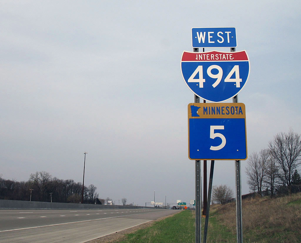 Westbound Interstate 494 and Minnesota 5 reassurance shield after Exits 10A-B, Junction U.S. 169.