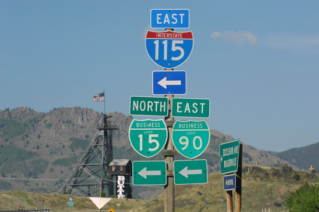 Approach signage for Interstate 115, Business Loop I-15, and Business Loop I-90 in Butte.