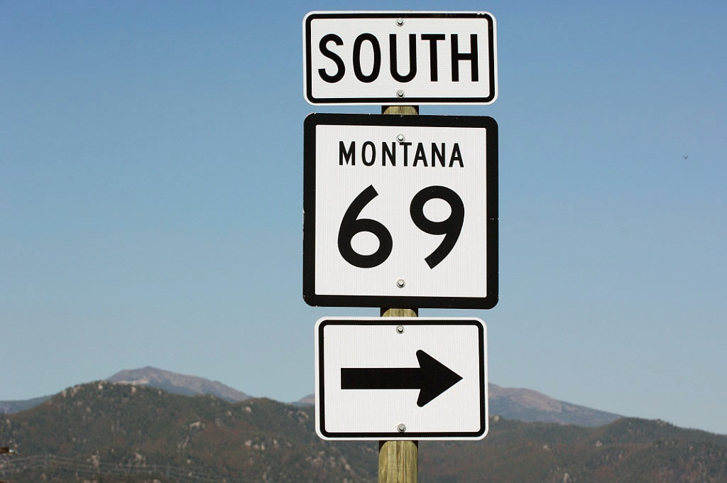 South Montana Highway 69 trailblazer posted near Interstate 15 in Boulder.