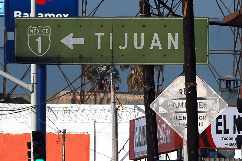 Ensenada. The "Ruta del Camiones" (Truck Route) sign is a copy of a 1910s Auto Club of Southern California sign.
