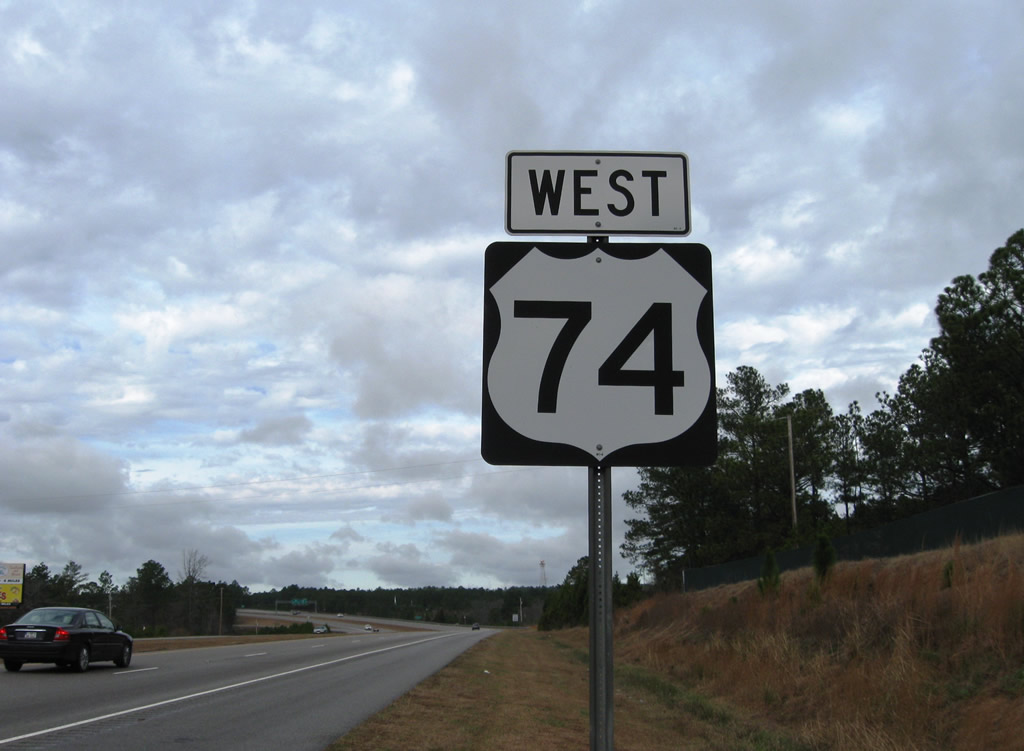 U.S. 74 westbound reassurance shield posted ahead of the Hamlet section of Future Interstate 74.