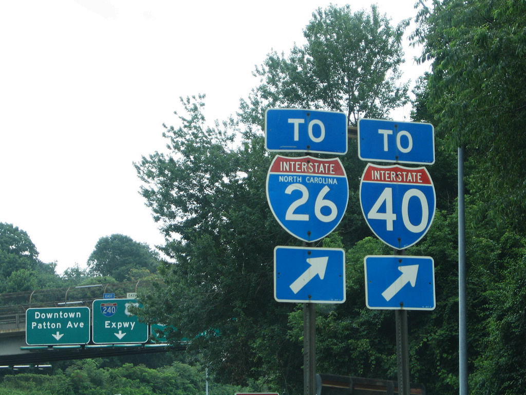 Interstate 26 eastbound at the merge with Interstate 240 north of downtown Asheville. This sign was replaced.