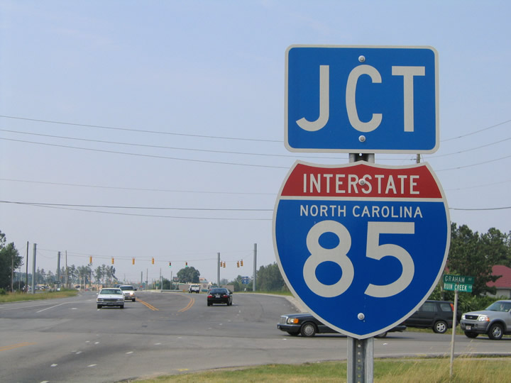 One of several new Interstate 85 North Carolina shields posted at the Ruin Creek Road interchange of Interstate 85 (Exit 212).