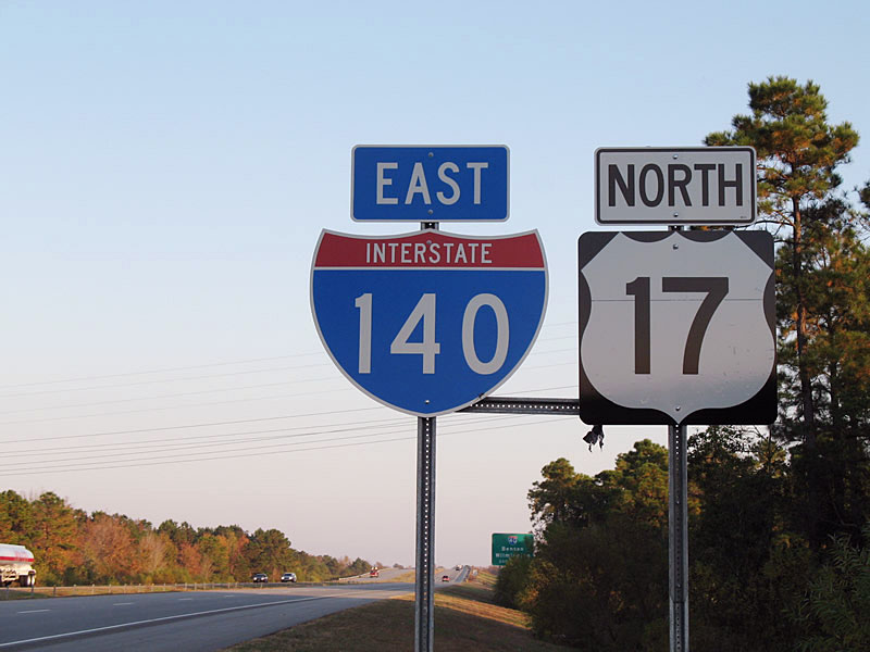 Eastbound Interstate 140 and northbound U.S. 17 on bypass approaching Interstate 40 near Wilmington.