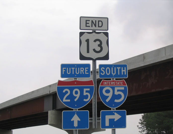 Future Interstate 295 shield posted at the southern terminus of U.S. 13.