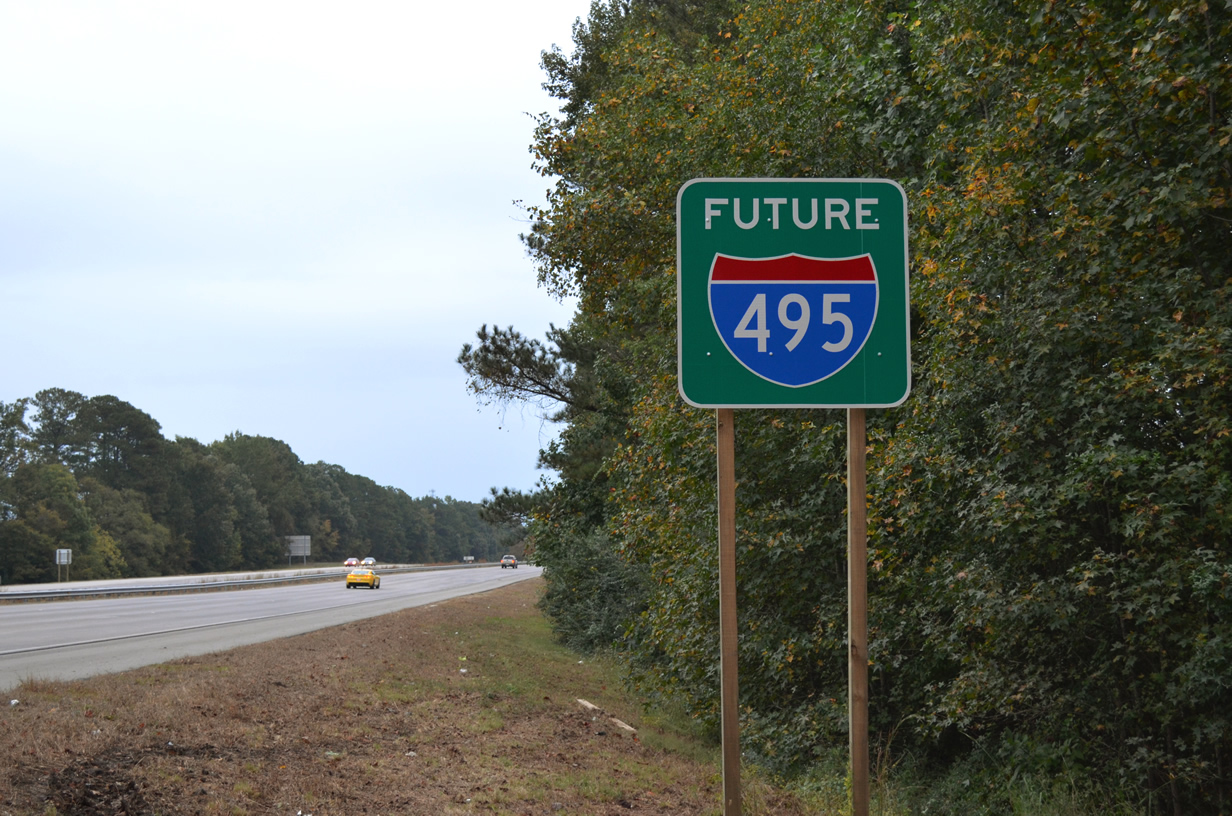Future Interstate 495 shield found along U.S. 64 west between I-95 (Exit 464) and Old Carriage Road (Exit 463).