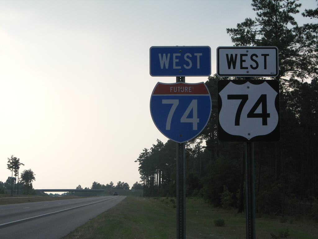 Future Interstate 74 & U.S. 74 westbound shields posted after North Carolina 177 south of Hamlet.