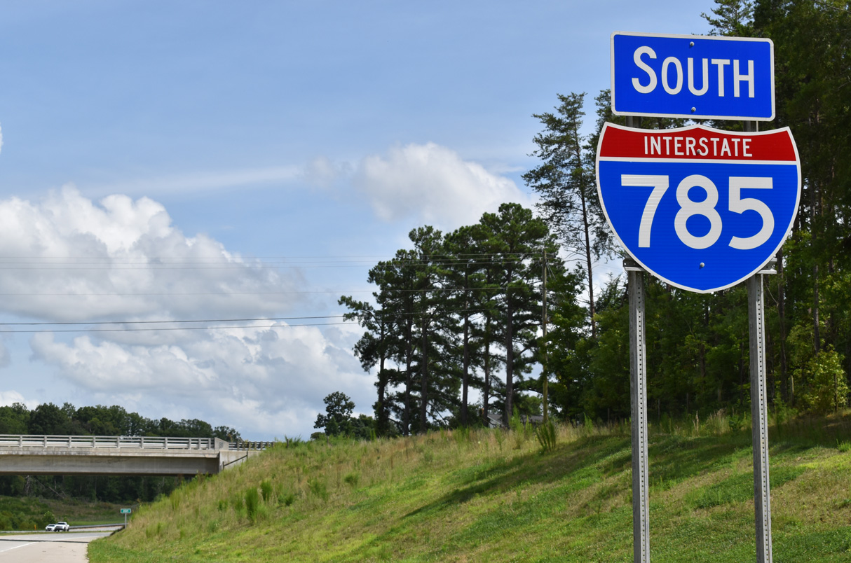 Confirming marker for Interstate 785 south between U.S. 29 and McKnight Mill Road in Greensboro.