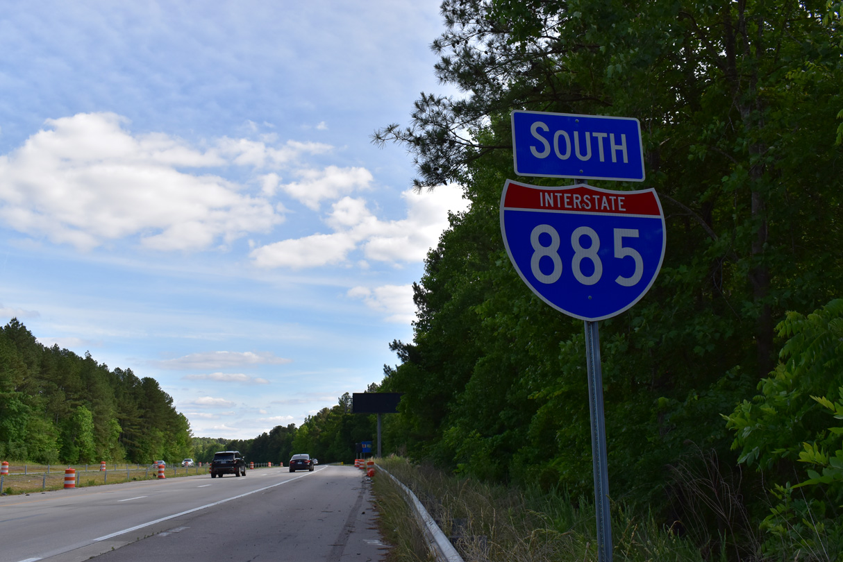 Confirming marker for Interstate 885 prematurely unveiled along the Durham Freeway southbound ahead of Ellis Road. I-885 was completed in June 2022.