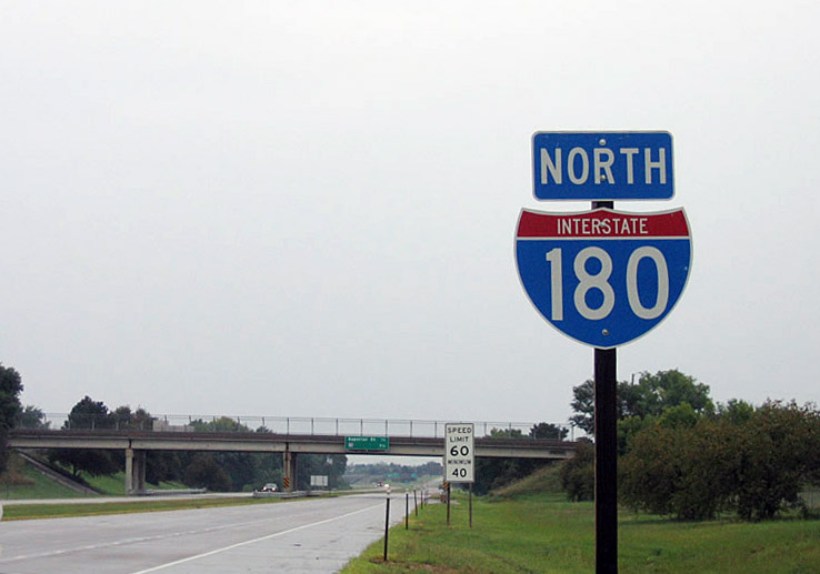 This is the only northbound Interstate 180 reassurance shield; it is located after Exit 2, Cornhusker Highway to U.S. 6 and before Exit 1, Superior Street. Note that U.S. 34 is not marked here, even though it is supposed to be cosigned for the entire length of Interstate 180.