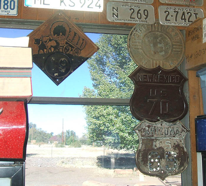 1920s and 1930s highway markers in an antique store in Ash Fork, Arizona.