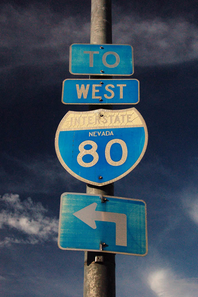 Westbound Victoria Avenue in Sparks; the "TO" and the arrow are newer signs than the "west" and 80 - this shield may date back to the 1960s, when Victoria Avenue was mainline I-80.