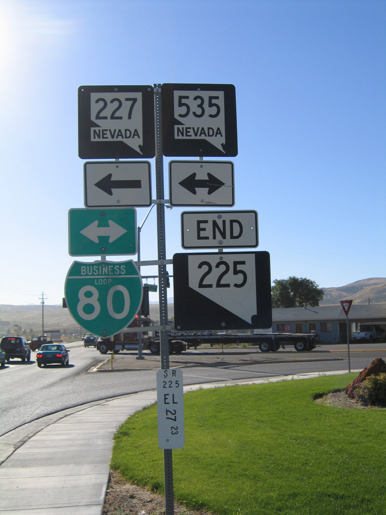 Nevada 225 southbound end at Business Loop I-80, Nevada 227, and Nevada 535 in Elko.