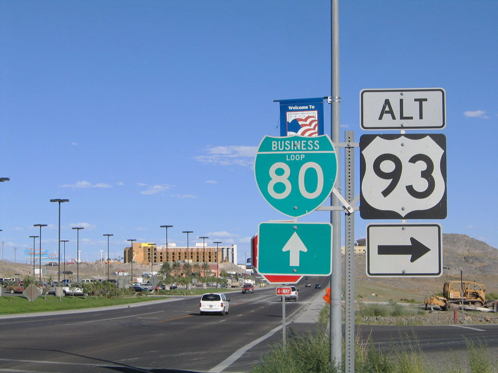 Business Loop I-80 and U.S. 93 Alternate split in West Wendover, Nevada.