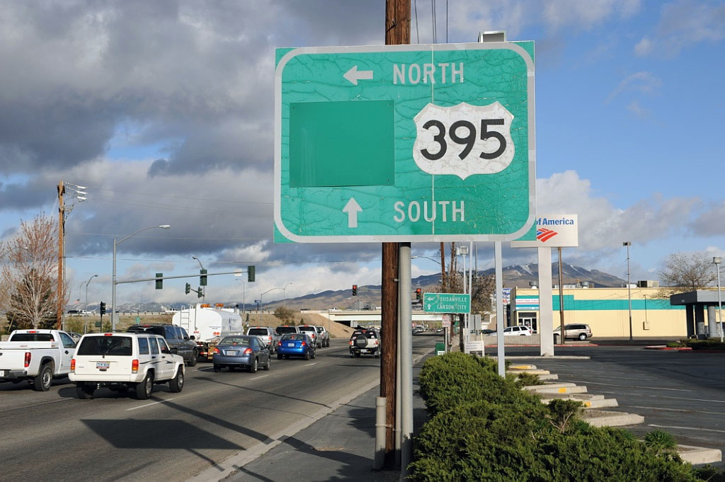 Downtown Reno.  Plate covers up Interstate 580 shield.